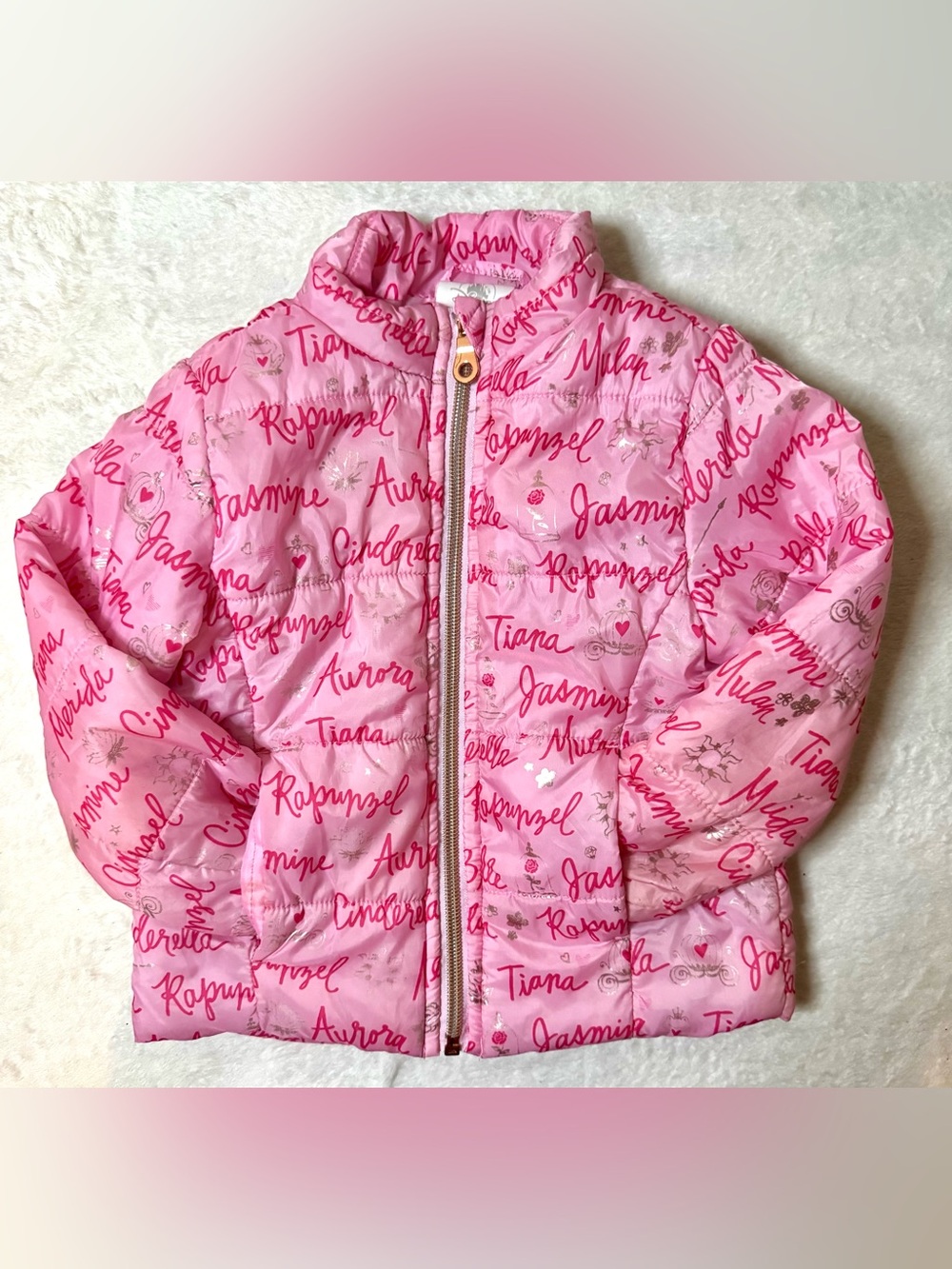 Disney size 3 Pink Puffer Jacket with Disney Princess Name Signature and logo